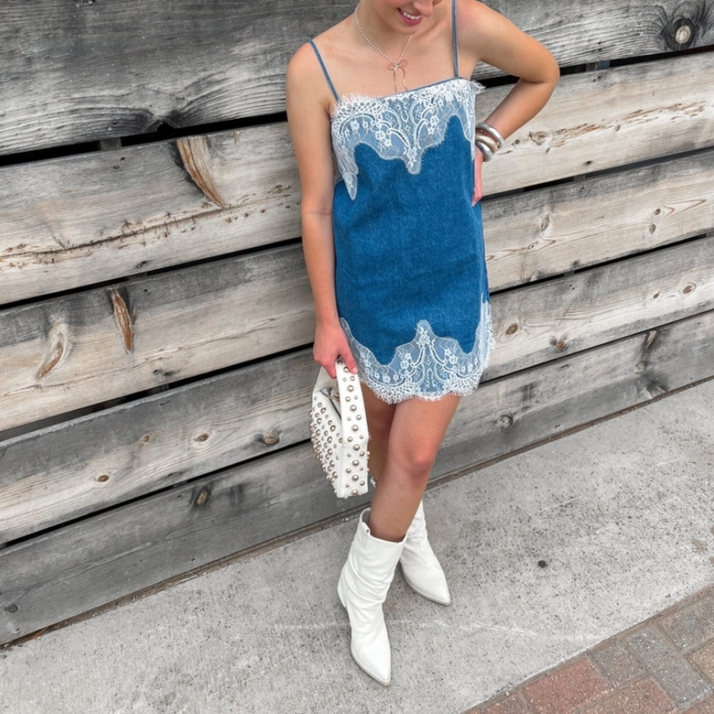 Denim Mini Dress with Lace Trim - Picture 8 of 9